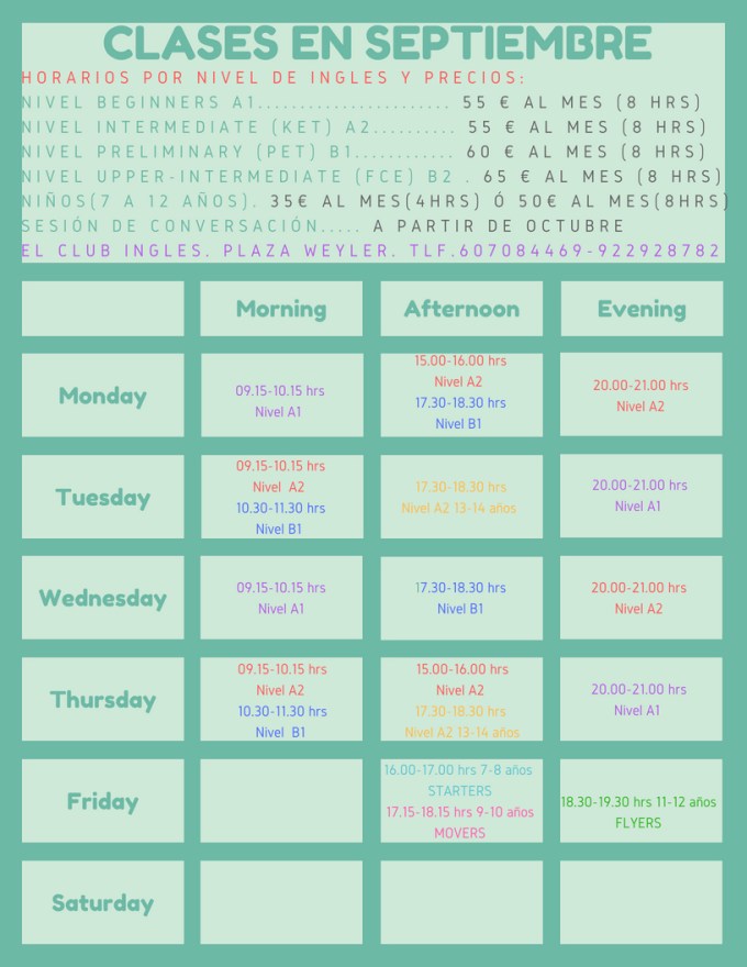 HORARIOS SEPTIEMBRE 2018