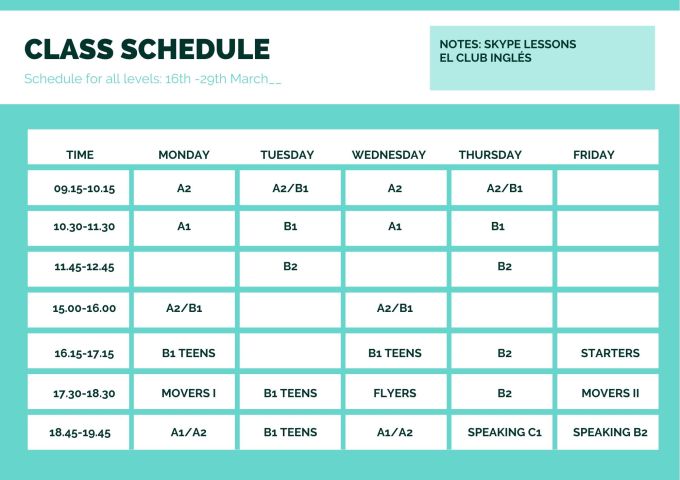 SKYPE Class Schedule